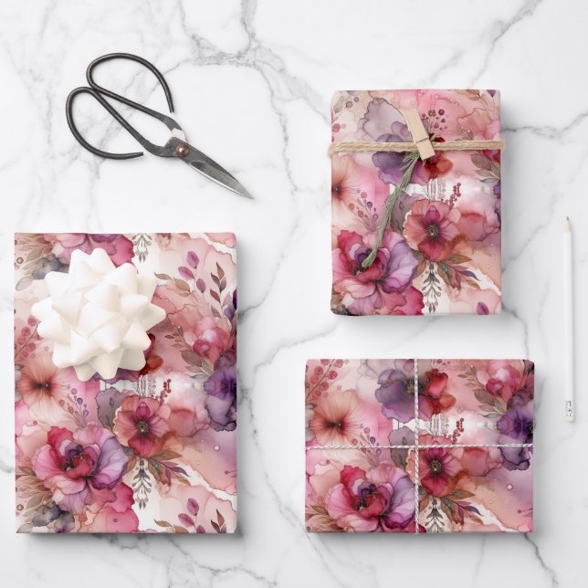 Pink & Purple Flower Alcohol Ink Medium Print Wrapping Paper Sheets (Front)