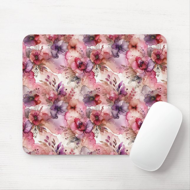 Pink & Purple Flower Alcohol Ink  Mouse Pad (With Mouse)