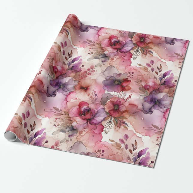 Pink & Purple Flower Alcohol Ink Print Wrapping Paper (Unrolled)