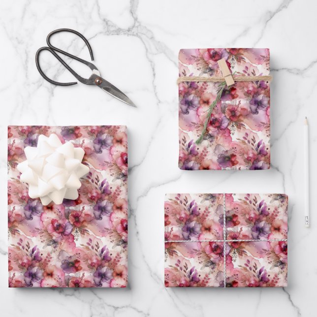 Pink & Purple Flower Alcohol Ink Small Print Wrapping Paper Sheets (Front)