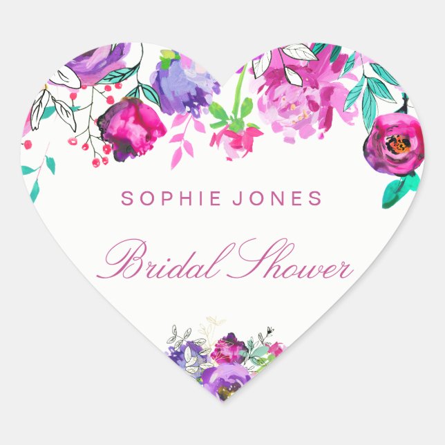 Pink Purple Flower Bridal Shower LoveHeart Sticker (Front)