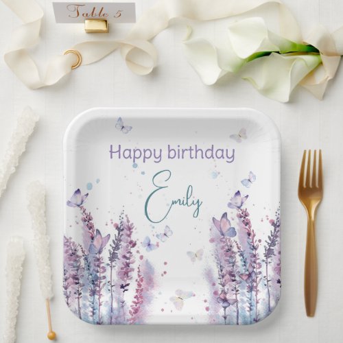 Pink purple flower butterfly birthday  paper plates