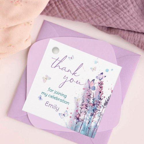 Pink purple flower butterfly birthday thank you favor tags