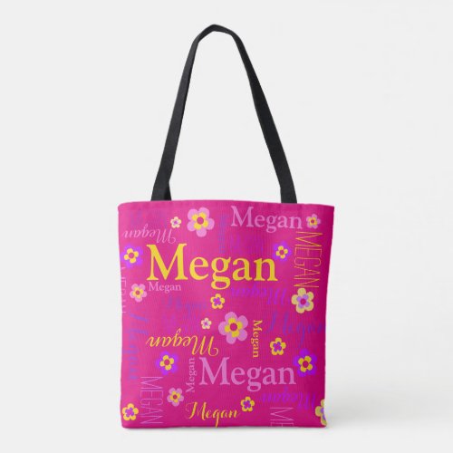 Pink purple flower custom name Megan art tote bag