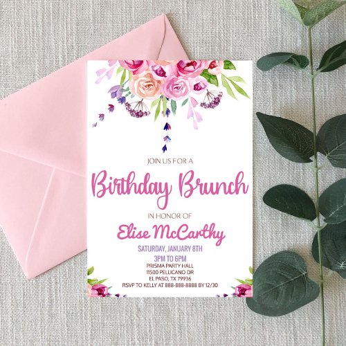 Pink Purple Flower Floral Birthday Brunch Party Invitation