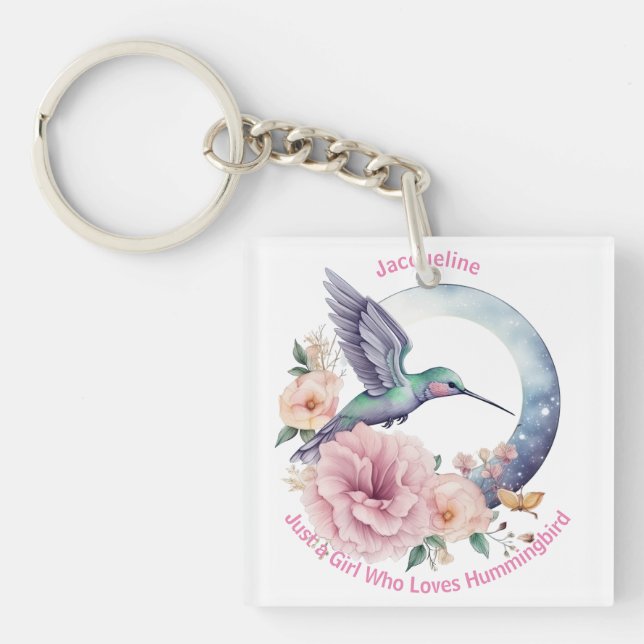 Pink Purple Flower Hummingbird Personalized Name Keychain (Front)
