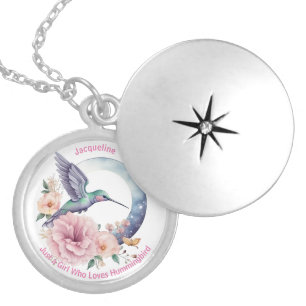 Pink Purple Flower Hummingbird Personalized Name Locket Necklace