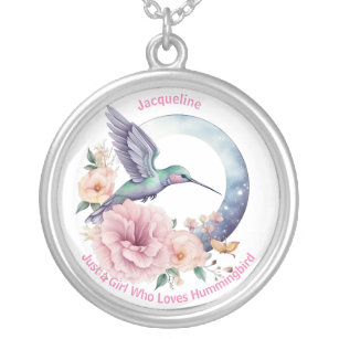 Pink Purple Flower Hummingbird Personalized Name Silver Plated Necklace