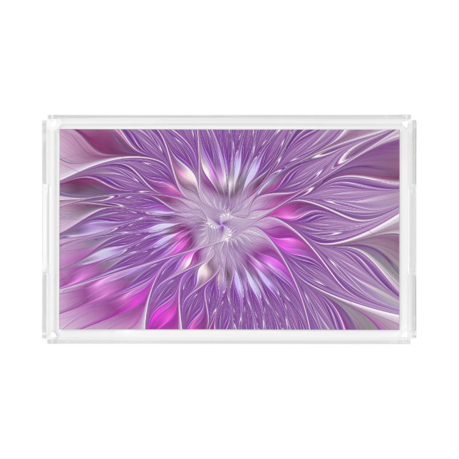 Pink Purple Flower Passion Abstract Fractal Art Acrylic Tray (Front)
