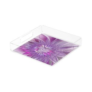 Pink Purple Flower Passion Abstract Fractal Art Acrylic Tray