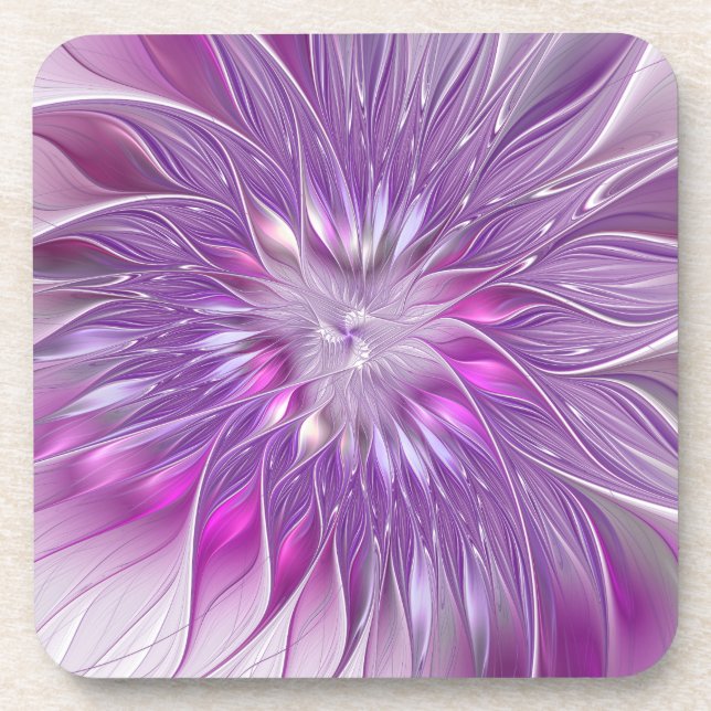 Pink Purple Flower Passion Abstract Fractal Art Beverage Coaster (Front)