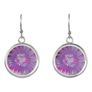 Pink Purple Flower Passion Abstract Fractal Art Earrings