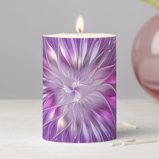 Pink Purple Flower Passion Abstract Fractal Art Pillar Candle (In Situ)