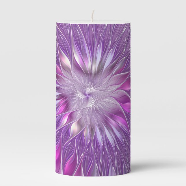 Pink Purple Flower Passion Abstract Fractal Art Pillar Candle (Front)