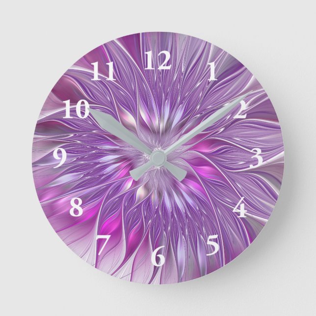 Pink Purple Flower Passion Abstract Fractal Art Round Clock (Front)