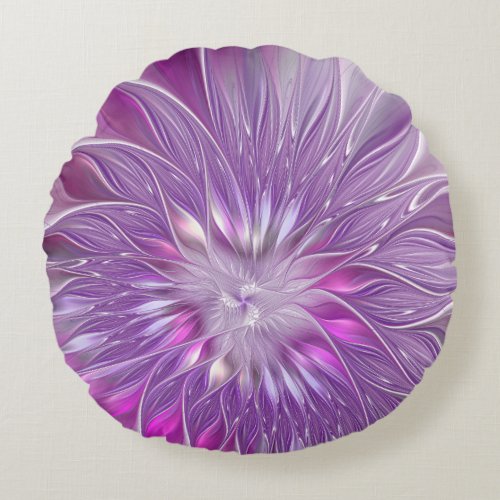 Pink Purple Flower Passion Abstract Fractal Art Round Pillow