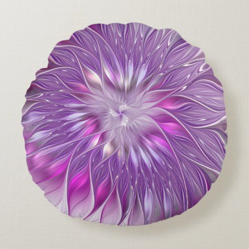 Pink Purple Flower Passion Abstract Fractal Art Round Pillow