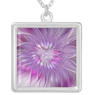 Pink Purple Flower Passion Abstract Fractal Art Silver Plated Necklace