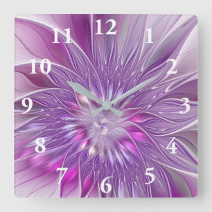 Pink Purple Flower Passion Abstract Fractal Art Square Wall Clock