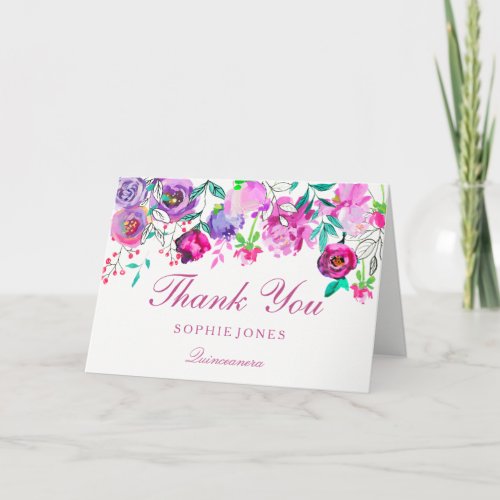 Pink Purple Flower Quinceanera Thank You Card