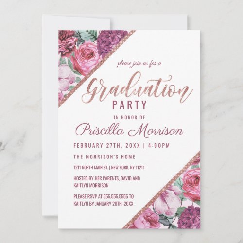 Pink Purple Flower Rose Gold Typography Graduation Invitation