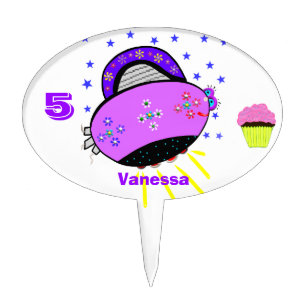 Pink Purple Flowered Spaceship and Pink Cupcake Cake Topper