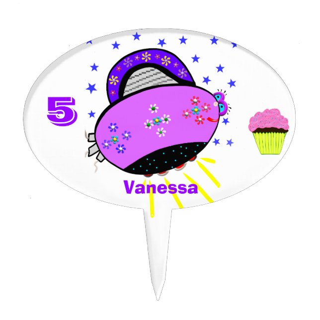 Pink Purple Flowered Spaceship and Pink Cupcake Cake Topper (Front)