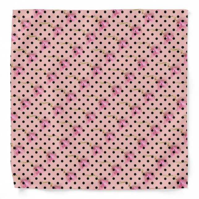 Pink purple flowers and black polka dots bandana (Front)
