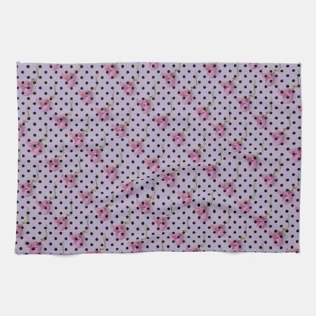 Pink purple flowers and black polka dots kitchen towel (Horizontal)