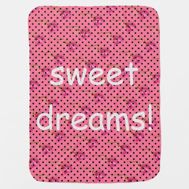 Pink purple flowers and black polka dots swaddle blanket (Front)