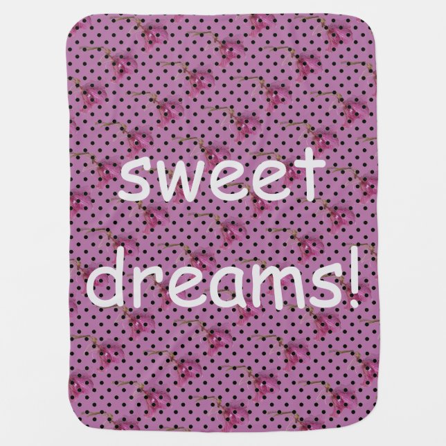 Pink purple flowers and black polka dots swaddle blanket (Front)