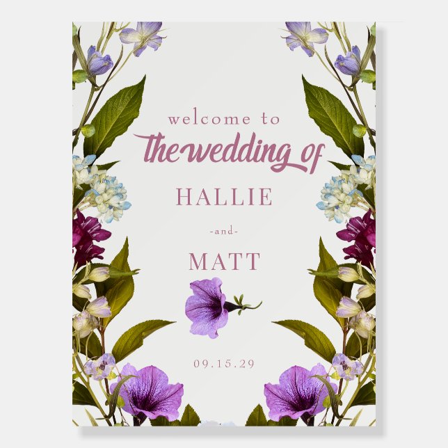 Pink Purple Flowers |  Bloom Wedding Welcome Sign (Front)