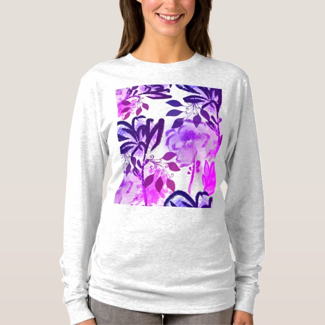 Pink Purple Flowers Botanical Pattern T-Shirt (Front)