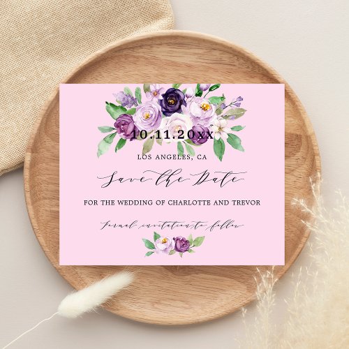 Pink purple flowers budget wedding save the date