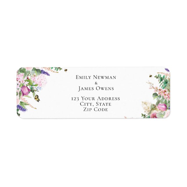 Pink Purple Flowers & Butterflies Address  Label (Front)