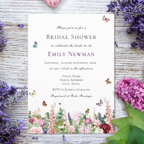 Pink Purple Flowers  Butterflies  Bridal Shower Invitation