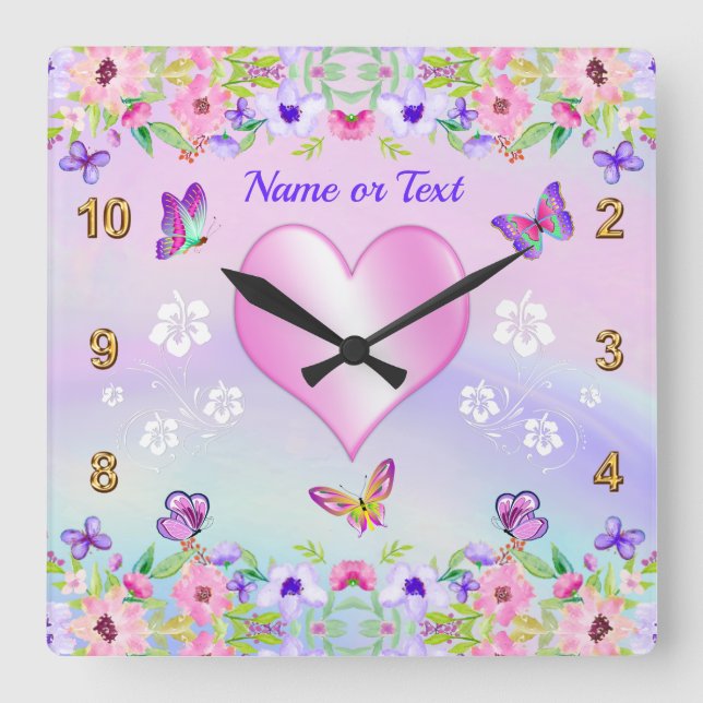 Pink, Purple, Flowers, Butterflies Clock with Name (Front)