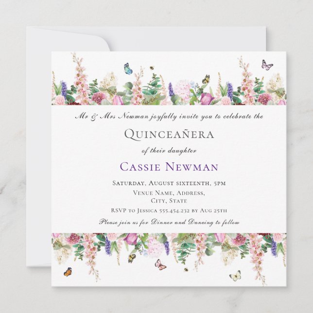 Pink Purple Flowers & Butterflies | Quinceañera Invitation (Front)