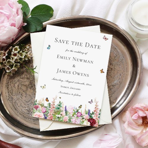 Pink Purple Flowers  Butterflies Save the Date