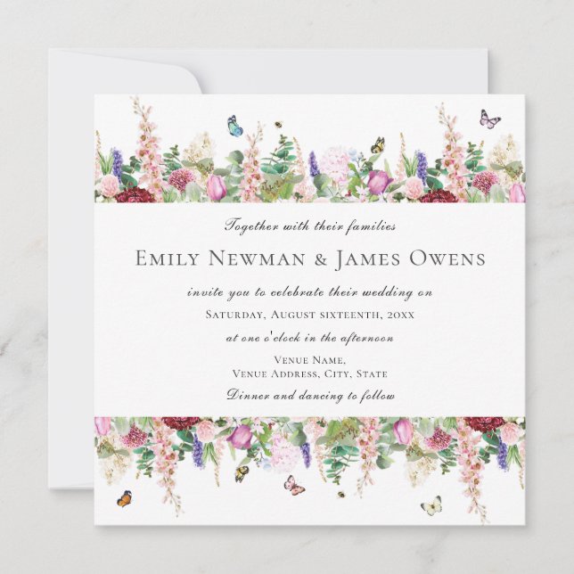 Pink Purple Flowers Butterflies | Square Wedding Invitation (Front)