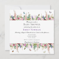 Pink Purple Flowers Butterfly  Square Baby Shower  Invitation