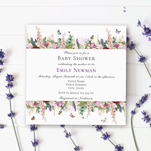 Pink Purple Flowers Butterfly  Square Baby Shower  Invitation