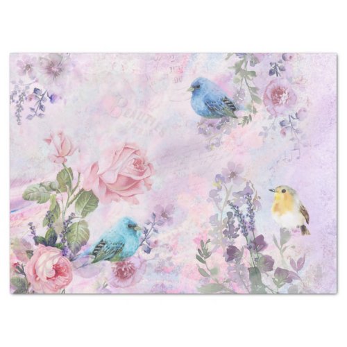 Pink Purple Flowers Decoupage Script Pretty Birds Tissue Paper