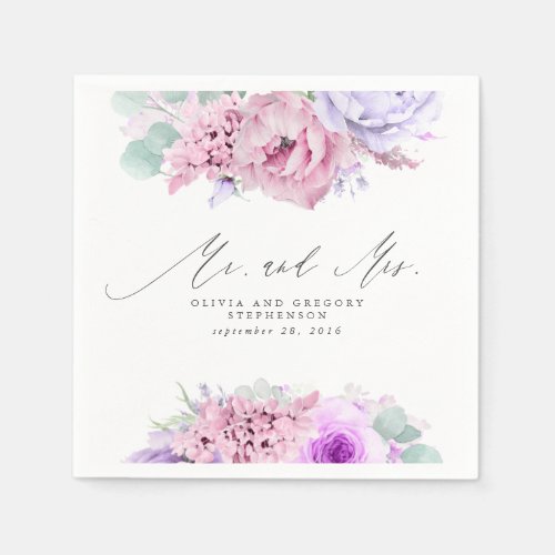 Pink Purple Flowers Elegant Botanical Mr and Mrs Napkins