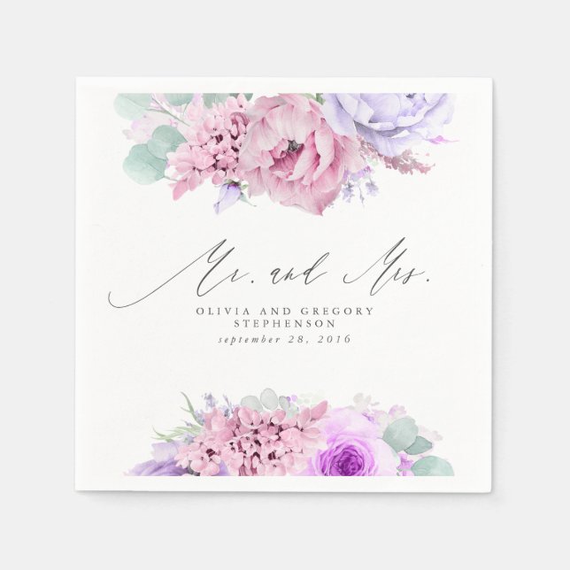 Pink Purple Flowers Elegant Botanical Mr and Mrs Napkins (Front)
