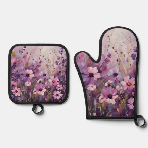 Pink Purple Flowers Floral Design Oven Mitt  Pot Holder Set