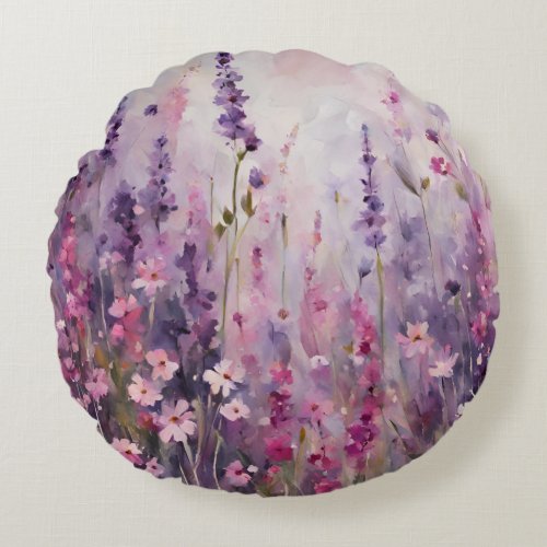 Pink Purple Flowers Floral Round Pillow