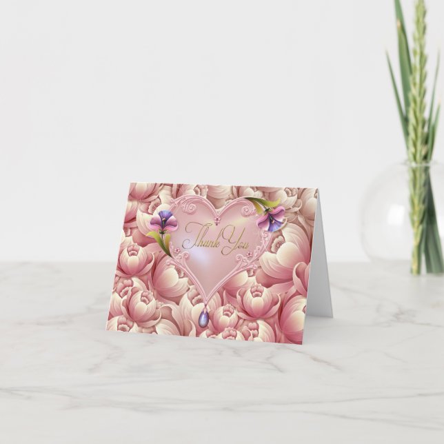 Pink Purple Flowers Gold Heart Thank You Cards (Front)