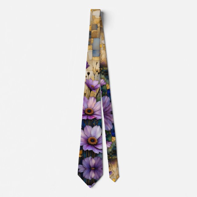 Pink purple flowers golden patchwork neck tie (Front)