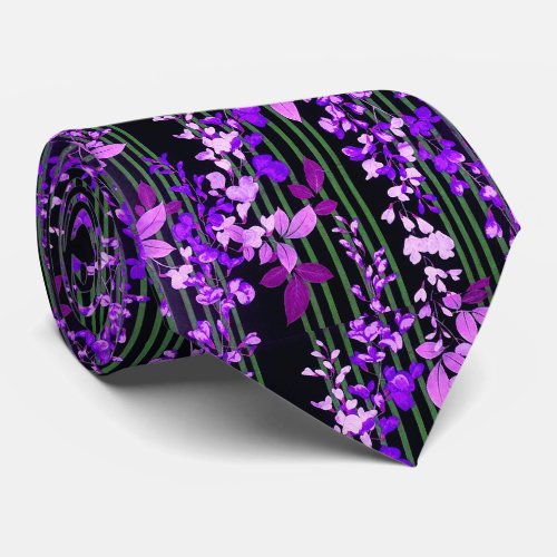 PINK PURPLE FLOWERSGREEN BLACK STRIPES Floral  Neck Tie